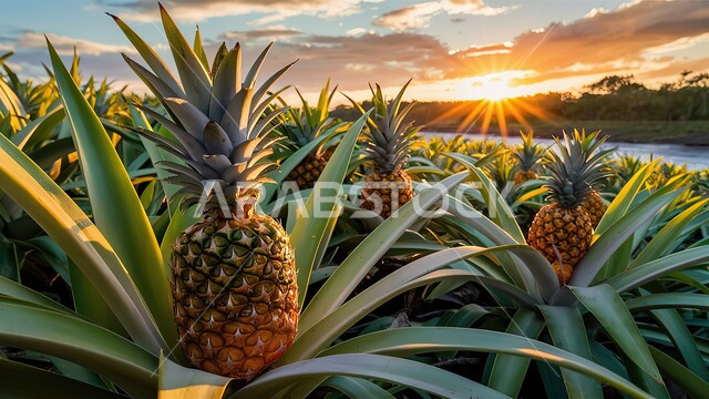 Providing the necessary nutrients for the body, high-quality agricultural crops, healthy and delicious fruits, a close-up of a ripe pineapple field at sunset, nature background