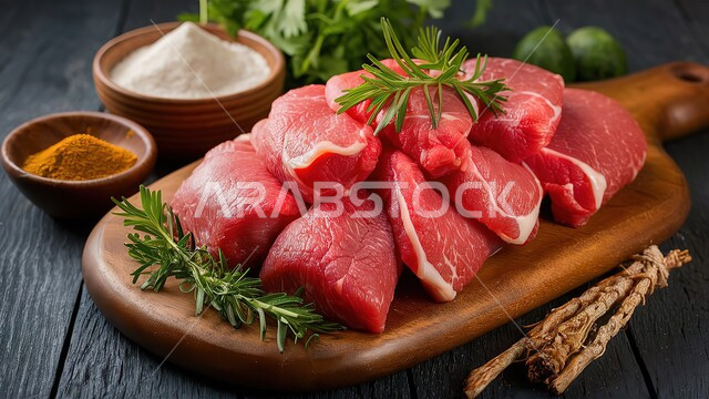 مكونات الطعام الرئيسية الجاهزة للطهي، صورة مقربة لقطع من اللحم البقري النيء الطازج مع التوابل والأعشاب على لوح خشبي، لحوم الضأن الحمراء المتبلة، المنتجات والمواد الغذائية الصحية