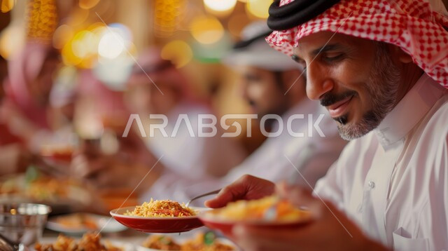 مائدة طعام مليئة بأصناف من المأكولات والمقبلات الشهية, ايماءات السعادة بقضاء اوقات ممتعه مع الاصحاب, لمة الاصدقاء على سفرة الإفطار الشهية, صورة مقربة لعزومة غداء لرجال اعمال عرب خليجيين سعوديين يرتدون الزي التقليدي يقومون بتناول الأطعمة في أحد المطاعم الفاخرة