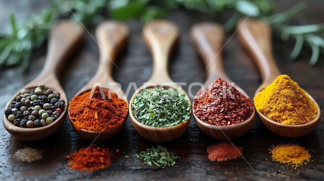 Local national products, close-up of a group of rustic wooden spoons filled with colorful spices and herbs, black peppercorns, thyme and dried fruits, Arab crops in the Kingdom of Saudi Arabia