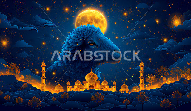  شعائر الاحتفال بالأعياد الاسلامية، اسلاميات وعبادة، تصميم بطاقات وملصقات تهنئة بالمناسبات السعيدة, أضاحي وقربان عيد الأضحى المبارك، منظر البدر المضيء مع النجوم في السماء، خلفية مسجد