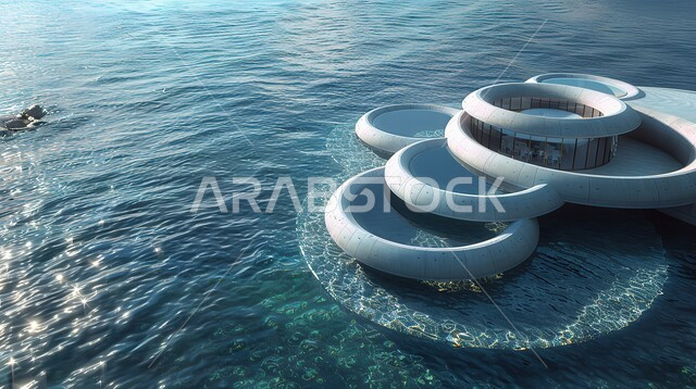 شقق وفلل سكنية وسط البحر، الفن الهندسي المعماري بديكورات وتصاميم متطور وحديثة، رؤية سعودية مستقبلية، عرض ثلاثي الأبعاد لفندق يطفو على سطح الماء، مفهوم المنازل العائمة