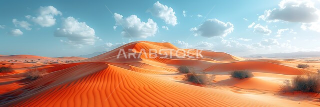 التلال والكثبان الرملية في صحاري شبه الجزيرة العربية، الرمال الذهبية الناعمة في المناطق الصحراوية في المملكة العربية السعودية، المناطق السياحية المشهورة، المناظر الطبيعية المتميزة