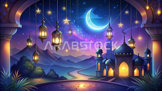  الديكورات والفوانيس للاحتفال واستقبال الأعياد والمناسبات الدينية، الفن الهندسي المعماري للمساجد، مجسمات لمسجد وقبب ومآذن مضاءة في الليل، ديكورات وتصاميم على الطراز العربي الإسلامي، العبادة والتقرب إلى الله، هلال شهر رمضان المبارك، آداء الفرائض والصلوات