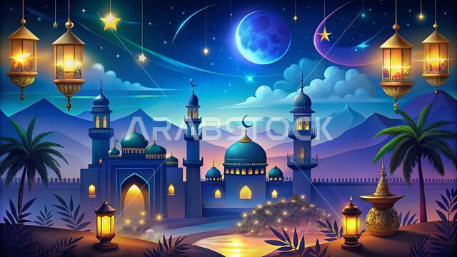 هلال شهر رمضان المبارك، آداء الفرائض والصلوات، الديكورات والفوانيس للاحتفال واستقبال الأعياد والمناسبات الدينية، الفن الهندسي المعماري للمساجد، مجسمات لمسجد وقبب ومآذن مضاءة في الليل، ديكورات وتصاميم على الطراز العربي الإسلامي، العبادة والتقرب إلى الله