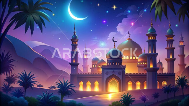  الديكورات والفوانيس للاحتفال واستقبال الأعياد والمناسبات الدينية، الفن الهندسي المعماري للمساجد، مجسمات لمسجد وقبب ومآذن مضاءة في الليل، ديكورات وتصاميم على الطراز العربي الإسلامي، العبادة والتقرب إلى الله، هلال شهر رمضان المبارك، آداء الفرائض والصلوات