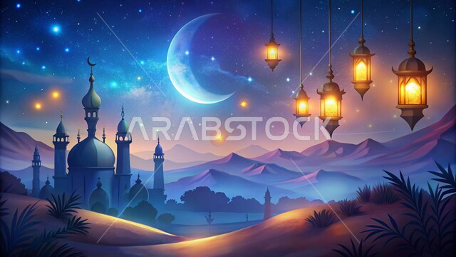 The crescent of the holy month of Ramadan, performing obligatory prayers and prayers, decorations and lanterns to celebrate and receive holidays and religious occasions, architectural engineering of mosques, models of a mosque, domes and minarets lit at night, decorations and designs in the Arab-Islamic style, worship and getting closer to God.