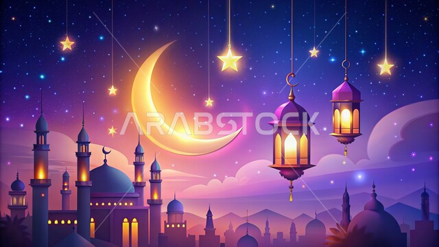 مجسمات لمسجد وقبب ومآذن مضاءة في الليل، ديكورات وتصاميم على الطراز العربي الإسلامي، العبادة والتقرب إلى الله، آداء الفرائض والصلوات، الديكورات والفوانيس للاحتفال واستقبال الأعياد والمناسبات الدينية ، هلال شهر رمضان المبارك، الفن الهندسي المعماري للمساجد