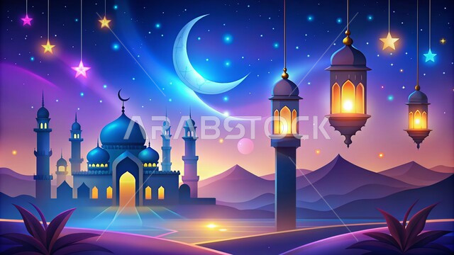  آداء الفرائض والصلوات، الديكورات والفوانيس للاحتفال واستقبال الأعياد والمناسبات الدينية ، هلال شهر رمضان المبارك، الفن الهندسي المعماري للمساجد، مجسمات لمسجد وقبب ومآذن مضاءة في الليل، ديكورات وتصاميم على الطراز العربي الإسلامي، العبادة والتقرب إلى الله