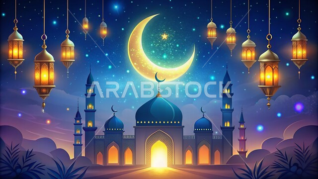 Decorations and designs in the Arab-Islamic style, worship and drawing closer to God, performing obligatory prayers and prayers, decorations and lanterns to celebrate and receive holidays and religious events, the crescent of the holy month of Ramadan, architectural engineering art for mosques, models of a mosque, domes and minarets illuminated at night.