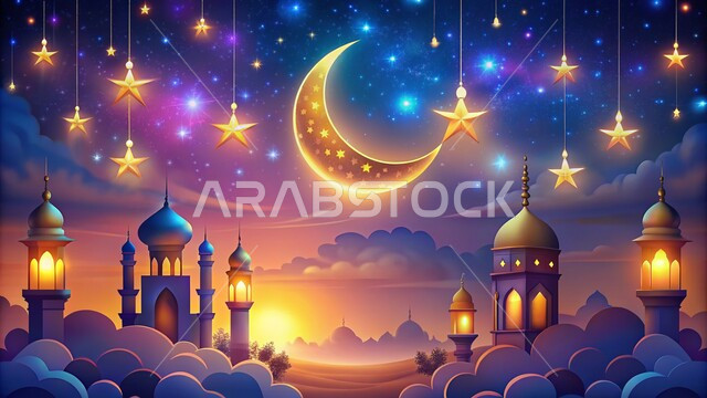 مجسمات لمسجد وقبب ومآذن مضاءة في الليل، ديكورات وتصاميم على الطراز العربي الإسلامي، العبادة والتقرب إلى الله، آداء الفرائض والصلوات، الديكورات والفوانيس للاحتفال واستقبال الأعياد والمناسبات الدينية ، هلال شهر رمضان المبارك، الفن الهندسي المعماري للمساجد