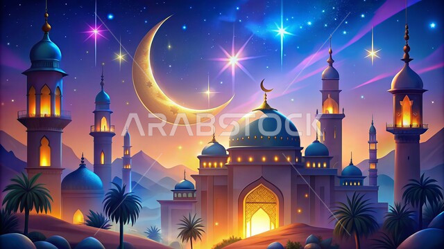 الفن الهندسي المعماري للمساجد، مجسمات لمسجد وقبب ومآذن مضاءة في الليل، ديكورات وتصاميم على الطراز العربي الإسلامي، العبادة والتقرب إلى الله، آداء الفرائض والصلوات، الديكورات والفوانيس للاحتفال واستقبال الأعياد والمناسبات الدينية ، هلال شهر رمضان المبارك