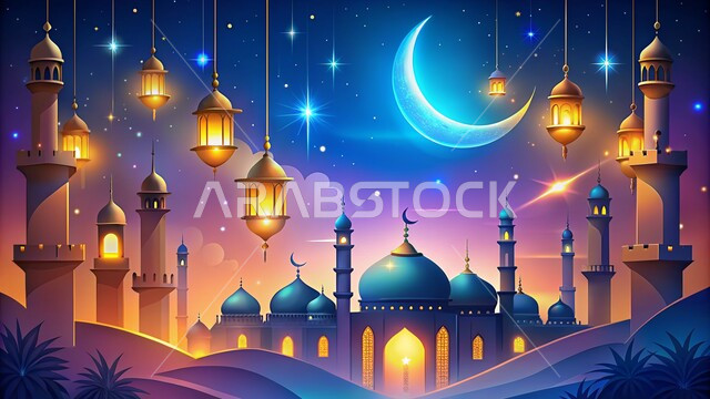  آداء الفرائض والصلوات، الديكورات والفوانيس للاحتفال واستقبال الأعياد والمناسبات الدينية ، هلال شهر رمضان المبارك، الفن الهندسي المعماري للمساجد، مجسمات لمسجد وقبب ومآذن مضاءة في الليل، ديكورات وتصاميم على الطراز العربي الإسلامي، العبادة والتقرب إلى الله