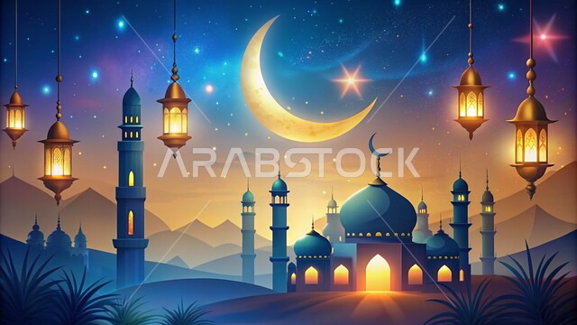 ديكورات وتصاميم على الطراز العربي الإسلامي، العبادة والتقرب إلى الله، آداء الفرائض والصلوات، الديكورات والفوانيس للاحتفال واستقبال الأعياد والمناسبات الدينية ، هلال شهر رمضان المبارك، الفن الهندسي المعماري للمساجد، مجسمات لمسجد وقبب ومآذن مضاءة في الليل