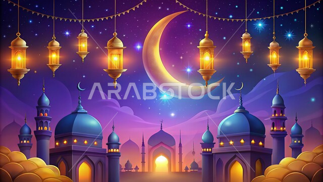 الفن الهندسي المعماري للمساجد، مجسمات لمسجد وقبب ومآذن مضاءة في الليل، ديكورات وتصاميم على الطراز العربي الإسلامي، العبادة والتقرب إلى الله، آداء الفرائض والصلوات، الديكورات والفوانيس للاحتفال واستقبال الأعياد والمناسبات الدينية ، هلال شهر رمضان المبارك