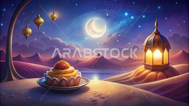 الكثبان الرملية والبيئة الصحراوية في المناطق البرية للمملكة العربية السعودية، فانوس معدني مزخرف مضيء وسط الرمال، حلويات ومأكولات شهر رمضان المبارك، زينة إضاءة الاعياد والمناسبات الدينية، الاستعداد لاسقبال الشهر الكريم