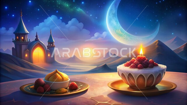 حلويات ومأكولات شهر رمضان المبارك، زينة إضاءة الاعياد والمناسبات الدينية، الاستعداد لاسقبال الشهر الكريم، الكثبان الرملية والبيئة الصحراوية في المناطق البرية للمملكة العربية السعودية، فانوس معدني مزخرف مضيء وسط الرمال