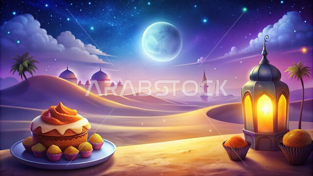 الكثبان الرملية والبيئة الصحراوية في المناطق البرية للمملكة العربية السعودية، فانوس معدني مزخرف مضيء وسط الرمال، حلويات ومأكولات شهر رمضان المبارك، زينة إضاءة الاعياد والمناسبات الدينية، الاستعداد لاسقبال الشهر الكريم