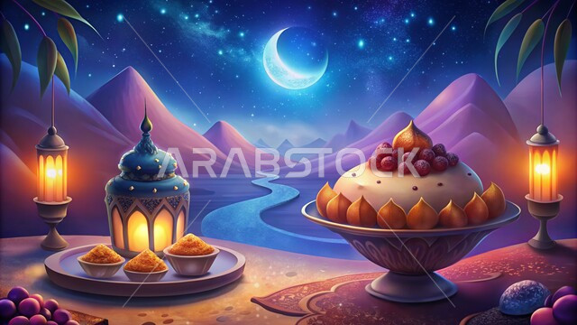 حلويات ومأكولات شهر رمضان المبارك، زينة إضاءة الاعياد والمناسبات الدينية، الاستعداد لاسقبال الشهر الكريم، الكثبان الرملية والبيئة الصحراوية في المناطق البرية للمملكة العربية السعودية، فانوس معدني مزخرف مضيء وسط الرمال