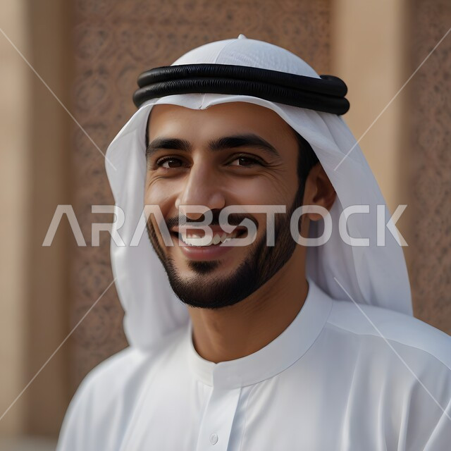 Gestures of joy and happiness, the concept of masculinity, elegance and elegance, a close-up photo of an Arab Gulf Emirati man wearing a ghutra and traditional clothing looking at the camera with expressions of pleasure, interest in external appearance
