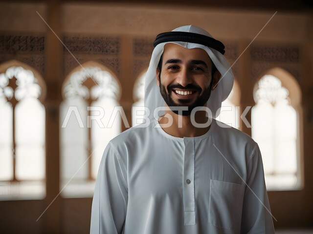 الاهتمام بالمظهر الخارجي, مفهوم الرجولة و الأناقة و الشياكة ,صورة مقربة لرجل عربي خليجي اماراتي يرتدي الغترة و الزي التقليدي ينظر الى الكاميرا بتعابير السرور, ايماءات الفرح و السعادة, خلفية الديكورات الاسلامية