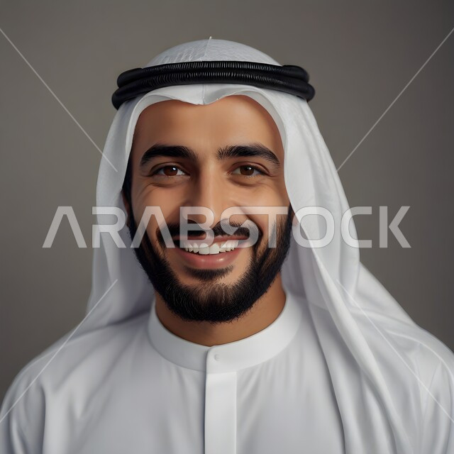 الاهتمام بالمظهر الخارجي, مفهوم الرجولة و الأناقة و الشياكة ,صورة مقربة لرجل عربي خليجي اماراتي يرتدي الغترة و الزي التقليدي ينظر الى الكاميرا بتعابير السرور, ايماءات الفرح و السعادة