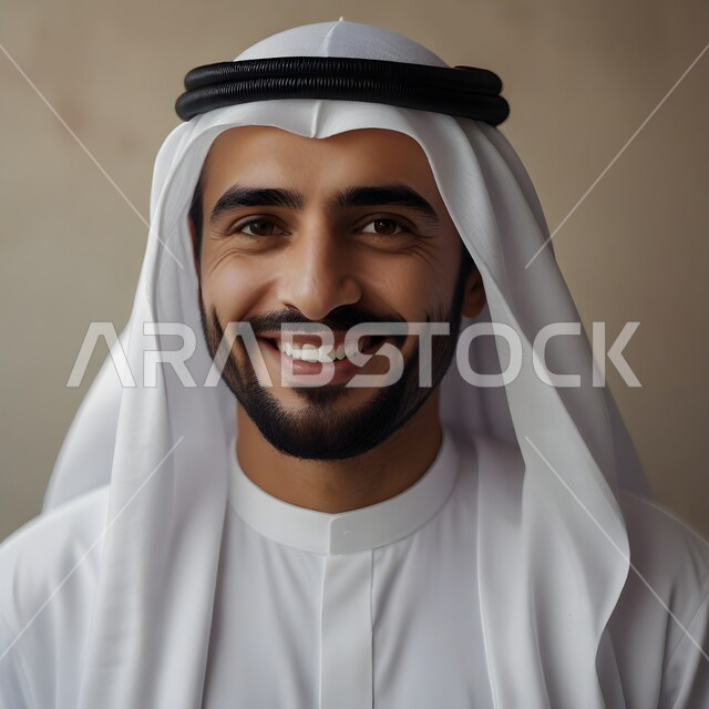 مفهوم الرجولة و الأناقة و الشياكة ,صورة مقربة لرجل عربي خليجي اماراتي يرتدي الغترة و الزي التقليدي ينظر الى الكاميرا بتعابير السرور, الاهتمام بالمظهر الخارجي, ايماءات الفرح و السعادة