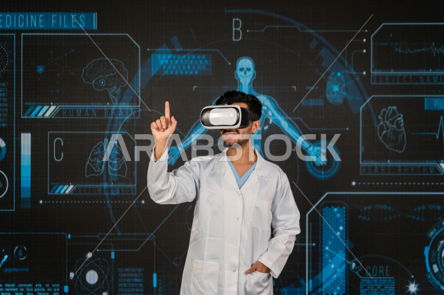 خاصية الهولوجرام ، طبيبب سعودي خليجي ذو خبرة عالية في مجال الطب البشري  ،يضع جهازVR Box،  استخدام تقنية الهولوجرام ثلاثية الابعاد ، صور تجسيمية خاصة بمجسمات الهياكل البشرية  و الاعضاء ، صور متحركة بأبعاد مختلفة ، تصوير ثلاثي الابعاد للأجسام