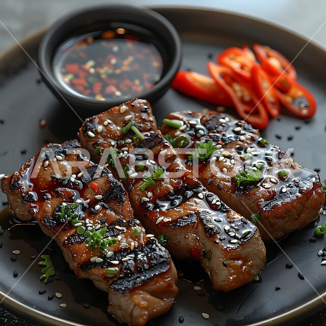 وصفات الدجاج المتميزة، شرائح لحم الضأن المشوية المرتبة على طبق مع بذور السمسم الأسود و زيت الفلفل الحار وصلصة الصويا، مطاعم للمأكولات الشرقية في المملكة العربية السعودية، وجبات اللحم الصحية والمغذية