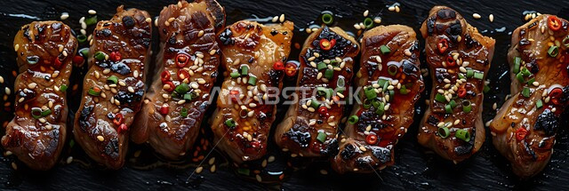 وصفات الدجاج المتميزة، شرائح لحم الضأن المشوية المرتبة على طبق مع بذور السمسم الأسود و زيت الفلفل الحار وصلصة الصويا، مطاعم للمأكولات الشرقية في المملكة العربية السعودية، وجبات اللحم الصحية والمغذية