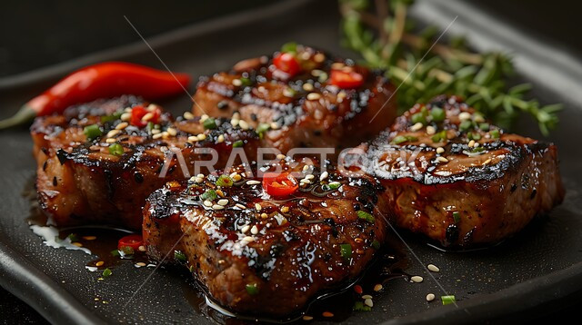 وصفات الدجاج المتميزة، شرائح لحم الضأن المشوية المرتبة على طبق مع بذور السمسم الأسود و زيت الفلفل الحار وصلصة الصويا، مطاعم للمأكولات الشرقية في المملكة العربية السعودية، وجبات اللحم الصحية والمغذية