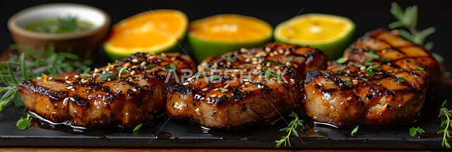 أطباق ووصفات المتميزة، شرائح لحم الضأن المشوية المرتبة على طبق مع البقدونس وقطع الليمون و زيت الفلفل الحار وصلصة الصويا، مطاعم للمأكولات الشرقية في المملكة العربية السعودية، وجبات اللحم الصحية والمغذية