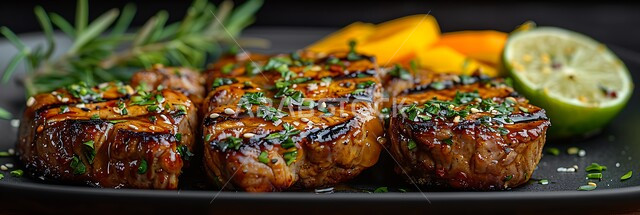 وجبات اللحم الصحية والمغذية، أطباق ووصفات المتميزة، شرائح لحم الضأن المشوية المرتبة على طبق مع البقدونس وقطع الليمون و زيت الفلفل الحار وصلصة الصويا، مطاعم للمأكولات الشرقية في المملكة العربية السعودية