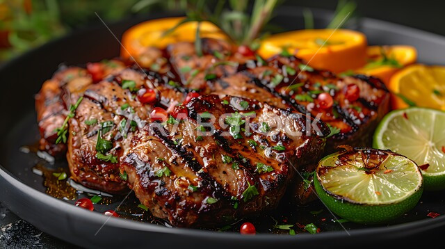 وجبات اللحم الصحية والمغذية، أطباق ووصفات المتميزة، شرائح لحم الضأن المشوية المرتبة على طبق مع البقدونس وقطع الليمون و زيت الفلفل الحار وصلصة الصويا، مطاعم للمأكولات الشرقية في المملكة العربية السعودية