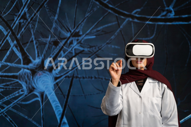 خاصية الهولوجرام ، طبيبة سعودية خليجية ذو خبرة عالية في مجال الطب البشري  ،تضع جهازVR Box،  استخدام تقنية الهولوجرام ثلاثية الابعاد ، صور تجسيمية خاصة بمجسمات الهياكل البشرية  و الاعضاء ، صور متحركة بأبعاد مختلفة ، تصوير ثلاثي الابعاد للأجسام