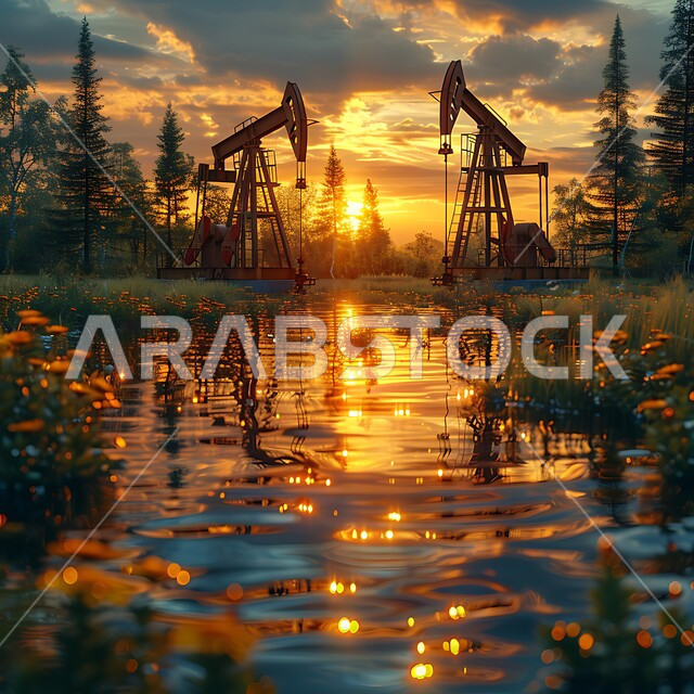 استخراج النفط والزيوت , صورة مقربة لحفارة تقوم بالتنقيب عن النفط في الصحراء وقت غروب الشمس , آلات حفر ضخمة , استيراد وتصدير الثروات الباطنية، جودة الأدوات والمعدات لصناعة وتخزين البترول