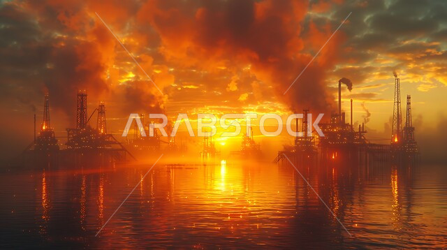 استخراج النفط والزيوت , صورة مقربة لحفارة تقوم بالتنقيب عن النفط في الصحراء وقت غروب الشمس , آلات حفر ضخمة , استيراد وتصدير الثروات الباطنية، جودة الأدوات والمعدات لصناعة وتخزين البترول