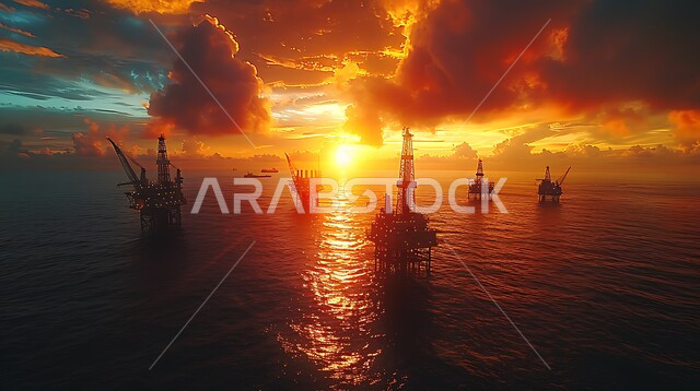 Importing and exporting underground resources, extracting petroleum and oils, a close-up photo of an excavator exploring for oil in the desert at sunset, huge drilling machines, quality tools and equipment for manufacturing and storing petroleum