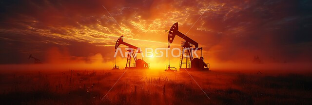 استيراد وتصدير الثروات الباطنية، استخراج النفط والزيوت , صورة مقربة لحفارة تقوم بالتنقيب عن النفط في الصحراء وقت غروب الشمس , آلات حفر ضخمة , جودة الأدوات والمعدات لصناعة وتخزين البترول