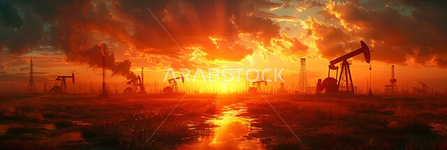 استيراد وتصدير الثروات الباطنية، استخراج النفط والزيوت , صورة مقربة لحفارة تقوم بالتنقيب عن النفط في الصحراء وقت غروب الشمس , آلات حفر ضخمة , جودة الأدوات والمعدات لصناعة وتخزين البترول