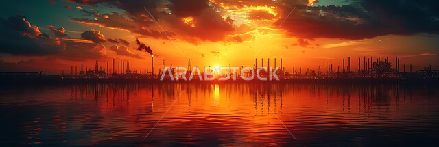 استيراد وتصدير الثروات الباطنية، استخراج النفط والزيوت , صورة مقربة لحفارة تقوم بالتنقيب عن النفط في الصحراء وقت غروب الشمس , آلات حفر ضخمة , جودة الأدوات والمعدات لصناعة وتخزين البترول