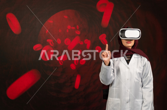 خاصية الهولوجرام ، طبيبة سعودية خليجية ذو خبرة عالية في مجال الطب البشري  ،تضع جهازVR Box،  استخدام تقنية الهولوجرام ثلاثية الابعاد ، صور تجسيمية خاصة بمجسمات الهياكل البشرية  و الاعضاء ، صور متحركة بأبعاد مختلفة ، تصوير ثلاثي الابعاد للأجسام