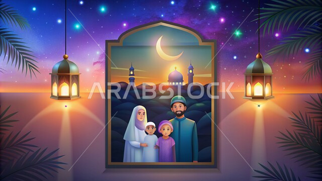 تحف واكسسوارات وزينة شهر رمضان المبارك, المناسبات والأعياد الإسلامية السعيدة، الاحتفاظ بالصور التذكارية في الأجواء الرمضانية الروحانية، لوحة لعائلة عربية خليجية سعودية ينظرون الى الكاميرا بايماءات السعادة والسرور