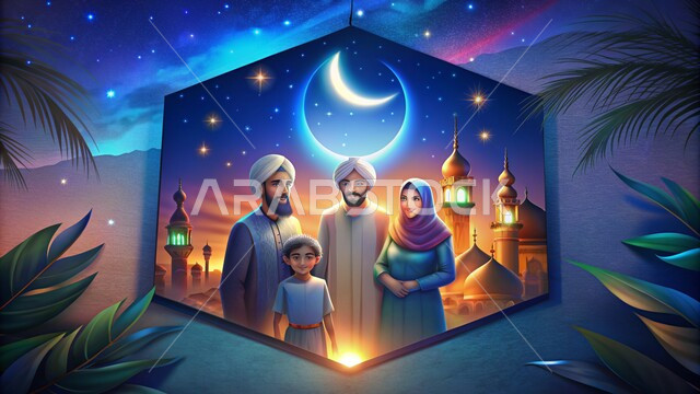 المناسبات والأعياد الإسلامية السعيدة، الاحتفاظ بالصور التذكارية في الأجواء الرمضانية الروحانية، تحف واكسسوارات وزينة شهر رمضان المبارك, لوحة لعائلة عربية خليجية سعودية ينظرون الى الكاميرا بايماءات السعادة والسرور