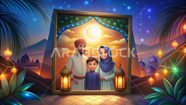 الأعياد والمناسبات الإسلامية السعيدة، الاحتفاظ بالصور التذكارية في الأجواء الرمضانية الروحانية، تحف واكسسوارات وزينة شهر رمضان المبارك, لوحة لعائلة عربية خليجية سعودية ينظرون الى الكاميرا بايماءات السعادة والسرور