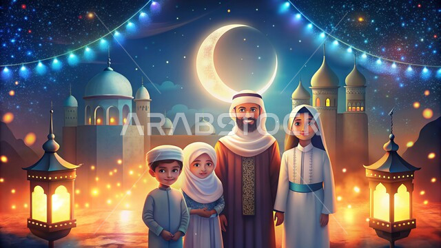 Spiritual Ramadan atmosphere, decorations and lighting for holidays and events, a Saudi Gulf Arab family looking at the camera with gestures of happiness and pleasure, happy family gatherings, celebrating the advent of the holy month of Ramadan, a mosque background and the crescent moon of the month