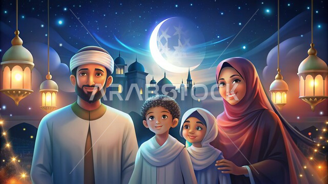 زينة وإضاء الأعياد والمناسبات, عائلة عربية خليجية سعودية ينظرون الى الكاميرا بايماءات السعادة والسرور، الأجواء الرمضانية الروحانية، التجمعات العائلية السعيدة، الاحتفال بقدوم شهر رمضان المبارك، خلفية مسجد وهلال الشهر