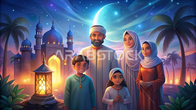 إضاء وزينة الأعياد والمناسبات, عائلة عربية خليجية سعودية ينظرون الى الكاميرا بايماءات السعادة والسرور، الأجواء الرمضانية الروحانية، التجمعات العائلية السعيدة، الاحتفال بقدوم شهر رمضان المبارك، خلفية مسجد وهلال الشهر