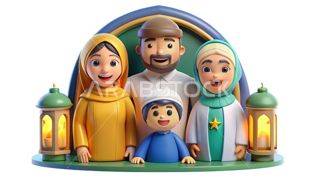 الاستعداد للأجواء الرمضانية الروحانية، اضاءة وفوانيس وزينة شهر الخير، رموز دينية اسلامية، قدوم شهر رمضان المبارك، رسم توضيحي ثلاثي الابعاد لعائلة مسلمة عربية خليجية سعودية ينظرون الى الكاميرا بإيماءات السعادة والسرور، خلفية بيضاء