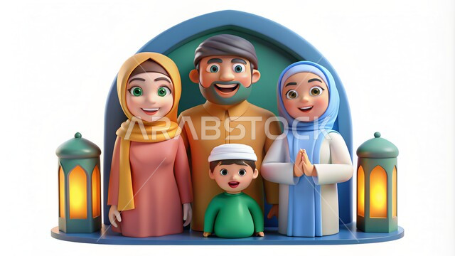 Celebrating the spiritual atmosphere of Ramadan, lighting, lanterns and decorations for the month of goodness, Islamic religious symbols, the advent of the holy month of Ramadan, a three-dimensional illustration of a Saudi Gulf Arab Muslim family looking at the camera with gestures of happiness and pleasure, white background.
